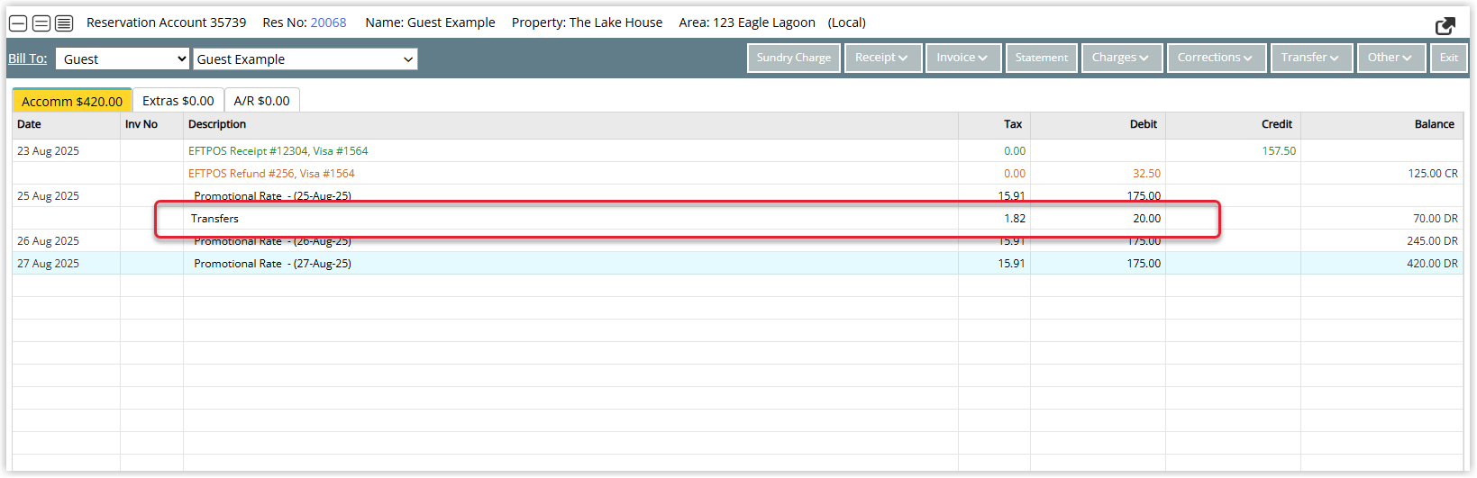 Screenshot of the Reservation Account screen in RMS showing newly created guest transfer charge transactions posted to the accommodation or extras account, reflecting the transfers moved from the Transfers tab.