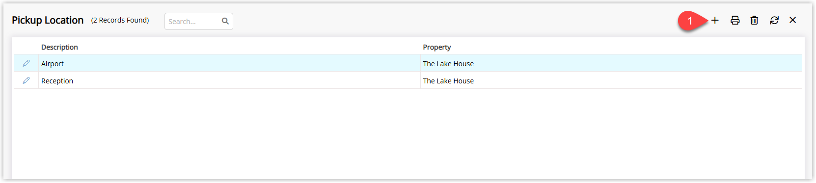 RMS Pick Up Location lookup table screen listing existing pickup locations with the Add button selected to create a new pickup location.