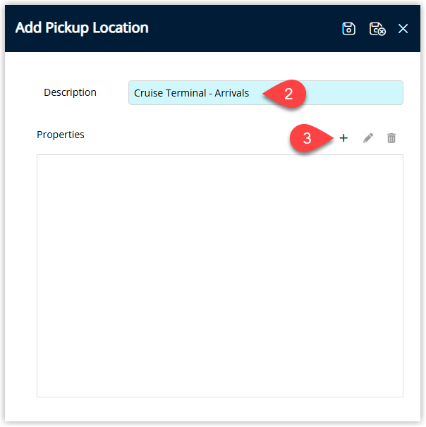 RMS Pick Up Location setup window with a Pick Up Location Description field completed (for example, Airport – Arrivals Terminal) and the Add button selected to proceed to property selection.