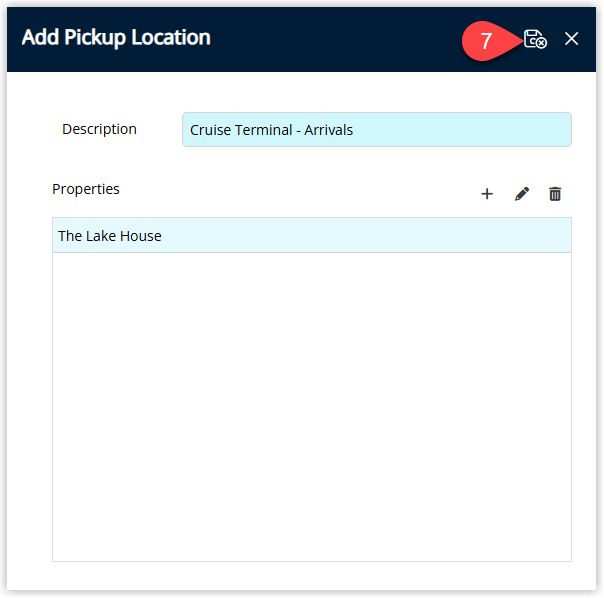 RMS Pick Up Location setup window showing the new pickup location details and associated properties, with Save/Exit selected to store the pickup location for use in guest transfers.