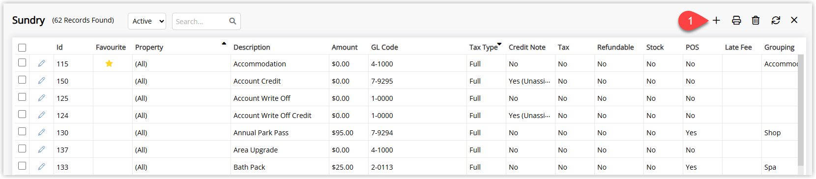 Screenshot of the Sundry setup list in RMS showing existing sundry items with the Add button highlighted to create a new sundry charge for guest transfers.