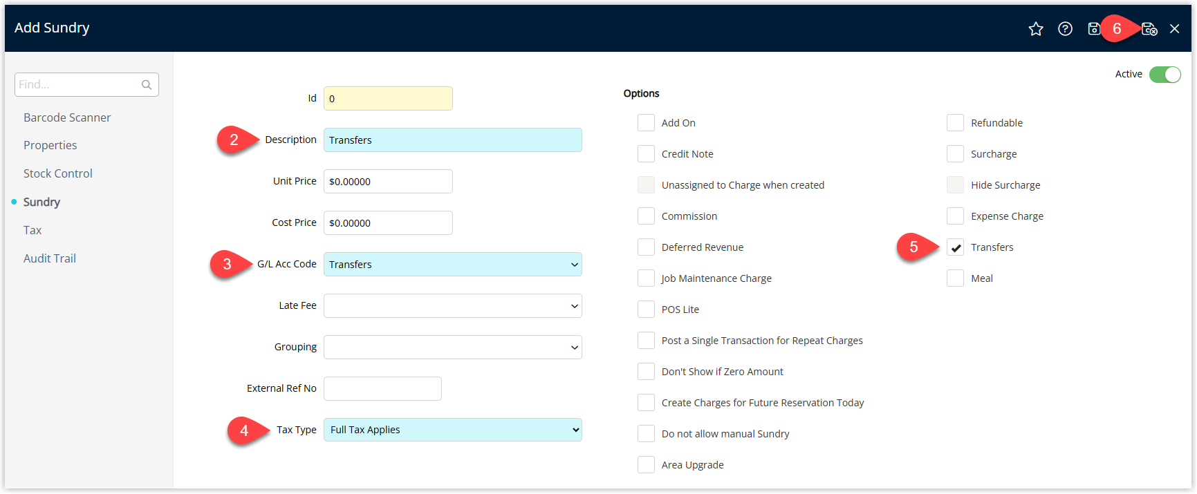 Screenshot of the Sundry Charge setup screen in RMS showing fields for Sundry Charge Description, General Ledger Account Code and Tax Type, with the Transfers checkbox ticked and the Save/Exit button highlighted to save the guest transfer sundry.