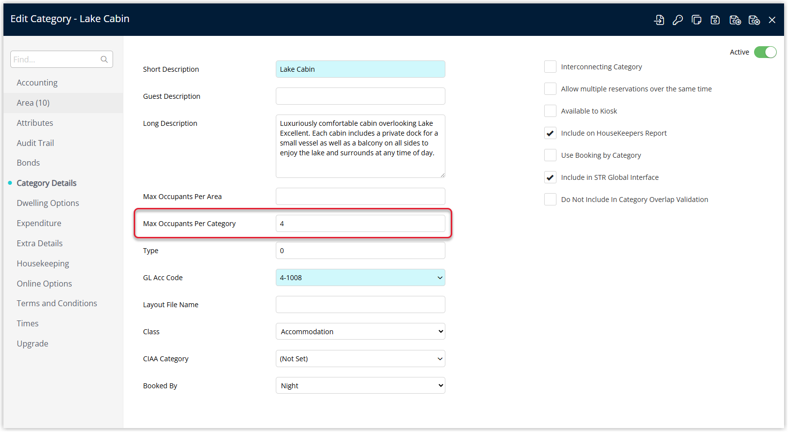 Annotated screenshot of the Category Details screen in RMS highlighting the Max Occupants Per Category field