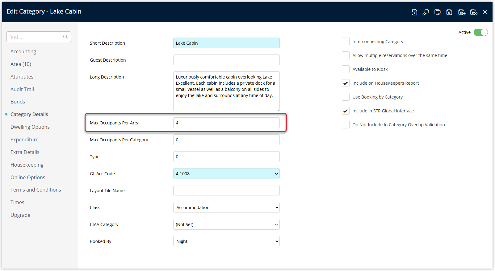 Annotated screenshot of the Category Details screen in RMS highlighting the Max Occupants Per Area field