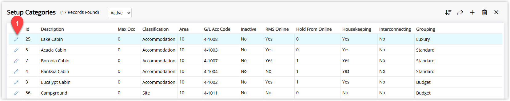 Annotated screenshot of the Setup Categories screen in RMS highlighting the edit icon for a category