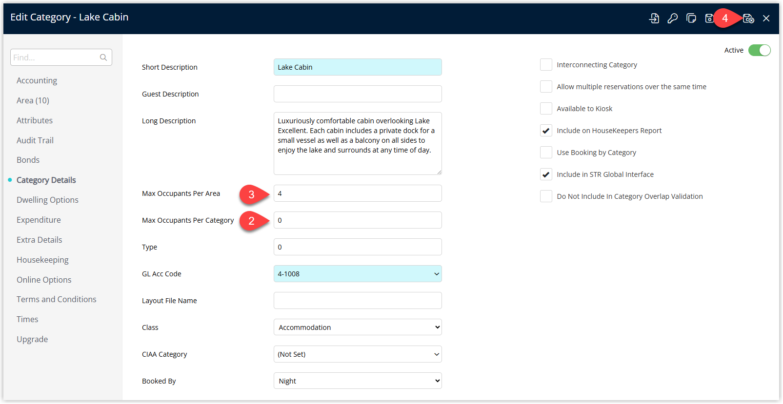 Annotated screenshot of the Category Details screen in RMS highlighting the Max Occupants Per Area and Per Category fields and the save icon