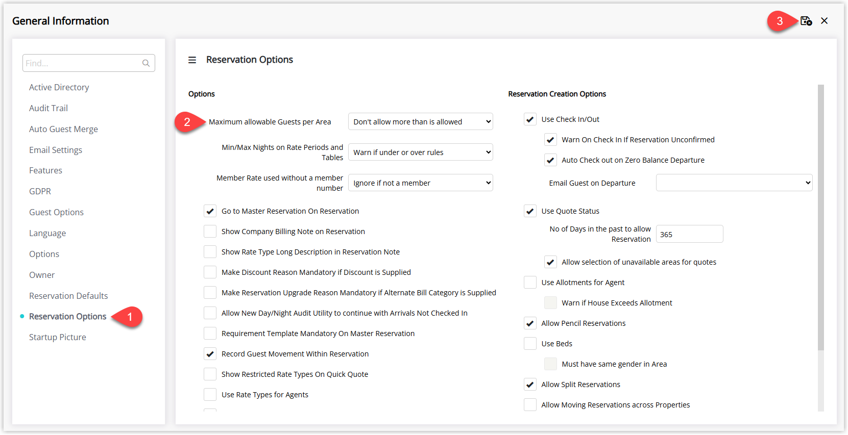 Annotated screenshot of the Reservation Options screen in RMS highlighting the Maximum allowable Guests per Area setting