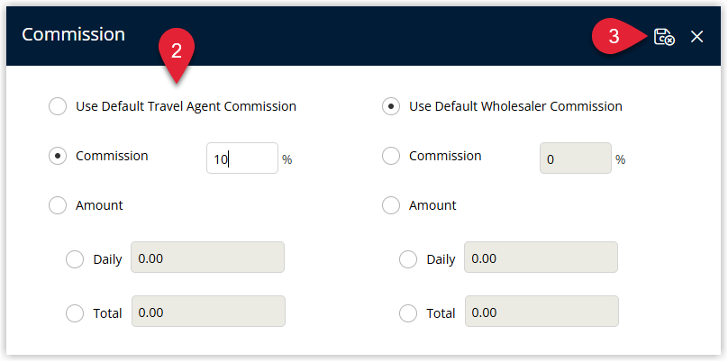 Screenshot of the Reservation Travel Agent Commission Override window in RMS showing fields to choose the commission type and enter a custom commission amount or percentage for the reservation.