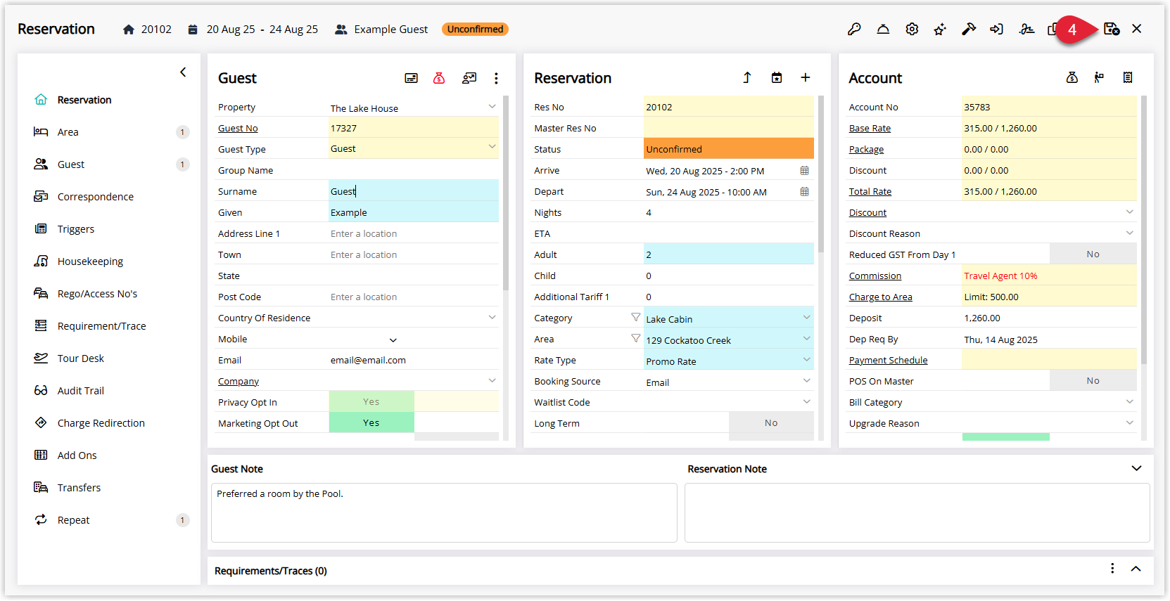 Screenshot of the Reservation Travel Agent Commission Override window in RMS highlighting the Save/Exit button used to confirm and apply the overridden commission settings.