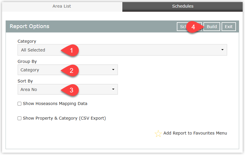 Annotated screenshot of the Area List report options in RMS showing the Category, Group By, and Sort By selectors with the Build button highlighted