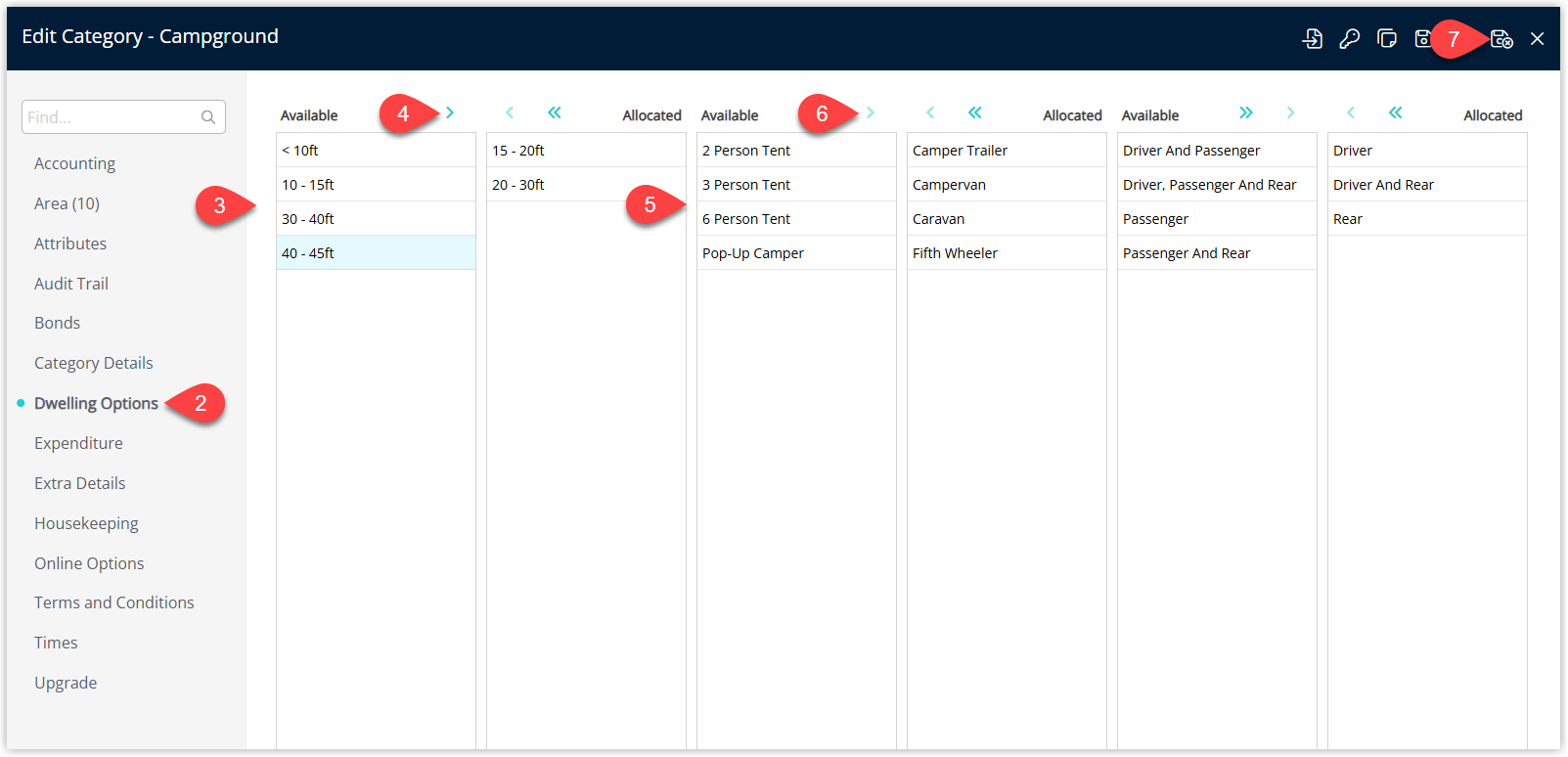 Category editor in RMS on the Dwelling Options screen showing lists of Dwelling Lengths, Dwelling Types, and optional Dwelling Slides with selected options allocated to the Category, and the Save & Exit button to save the Category Dwelling configuration.