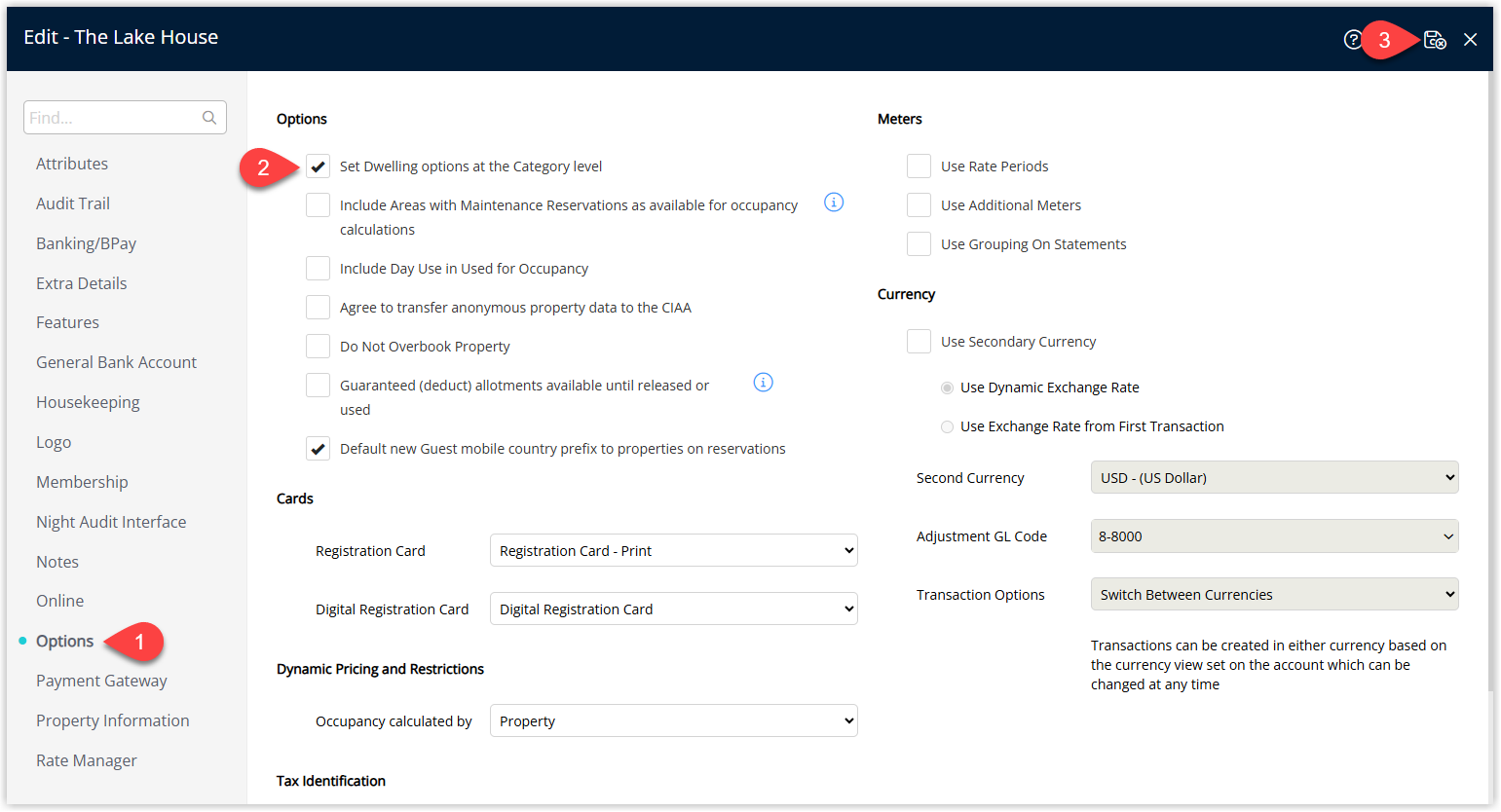 Property Information screen in RMS on the Options tab with the Set Dwelling options at the Category Level checkbox enabled and the Save/Exit button highlighted.