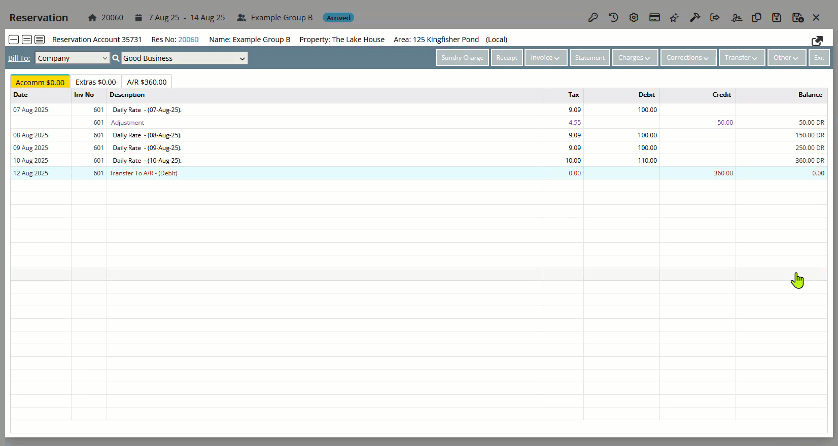 Animated screenshot of a reservation account in RMS demonstrating automatic check-out when the account balance reaches zero