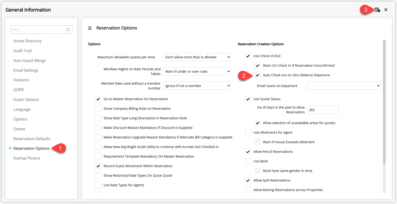 Annotated screenshot of the General Information Reservation Options screen in RMS with the automatic check-out options highlighted