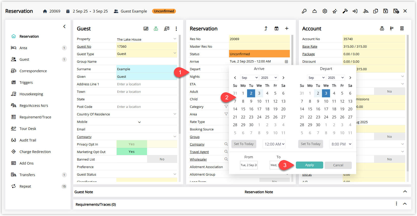 Annotated screenshot of the Reservation screen in RMS highlighting the Arrive and Depart date fields and the open date picker calendar used to select new reservation dates