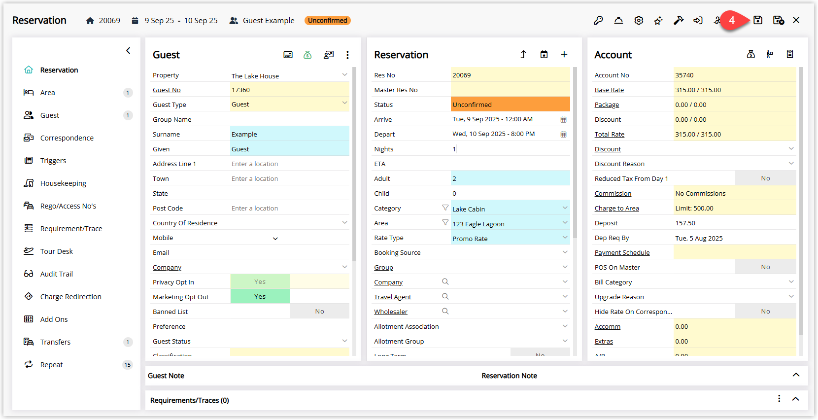 Annotated screenshot of the Reservation screen in RMS highlighting the Save icon in the top toolbar