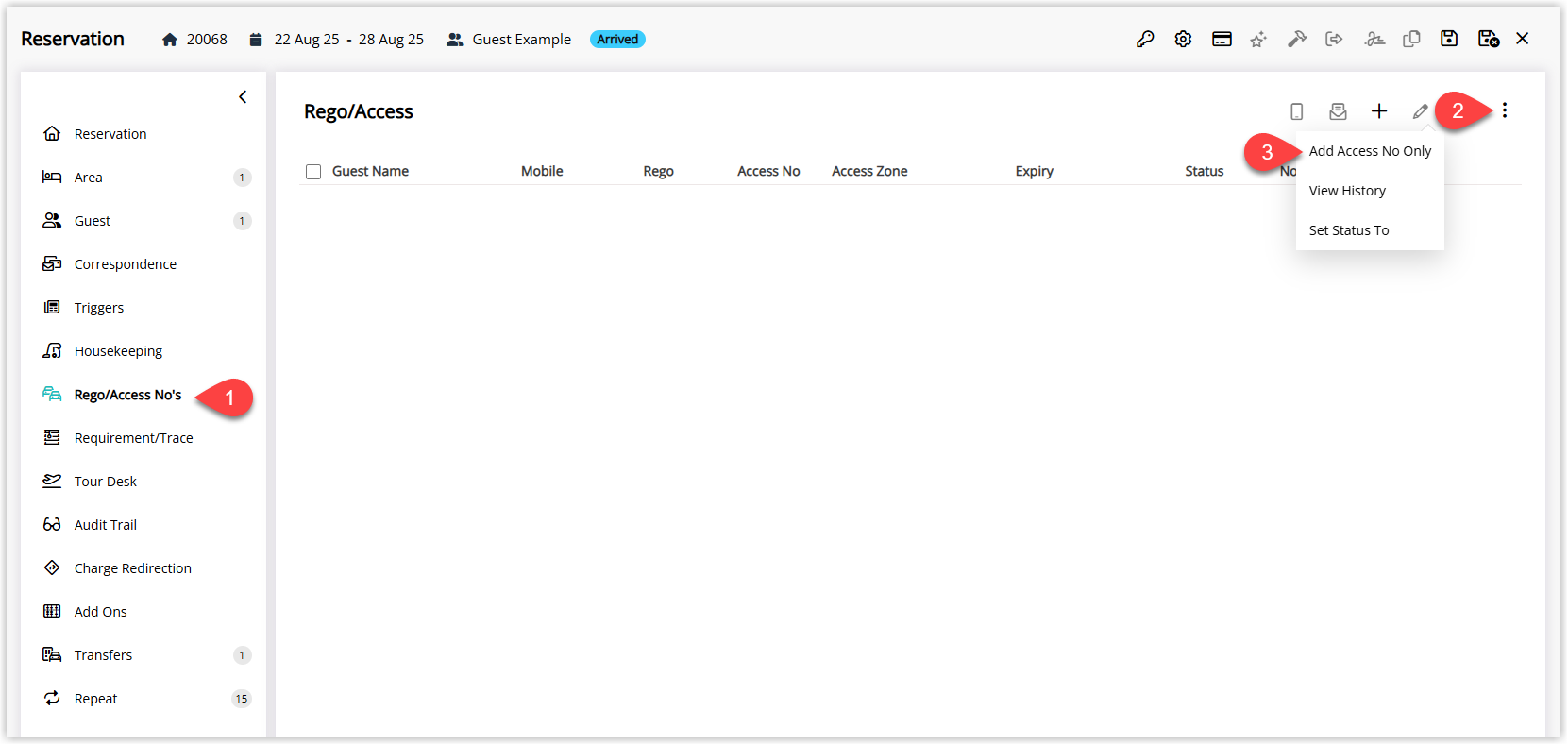 Annotated screenshot of the Rego/Access No's tab in a reservation in RMS with the actions menu open and Add Access No Only highlighted