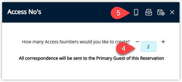 Annotated screenshot of the Access No's dialog in RMS showing the number of access numbers to create