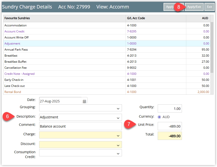 Sundry Charge entry screen showing the Unassigned Credit Note selected with a negative unit price entered to offset the debit balance and the Apply Exit button highlighted.