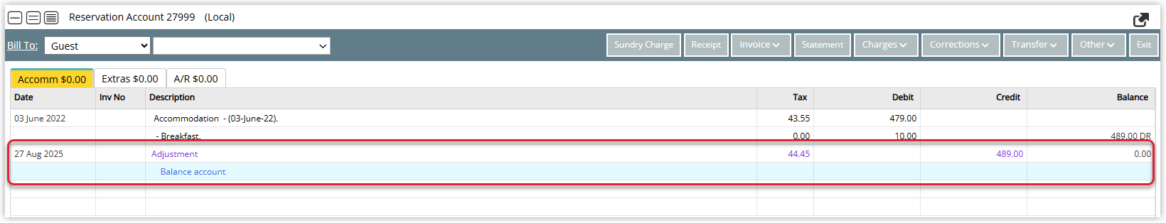 Debtors Ledger report refreshed showing that the adjusted account now has a zero balance and no longer appears under outstanding debits for the selected As of Date.