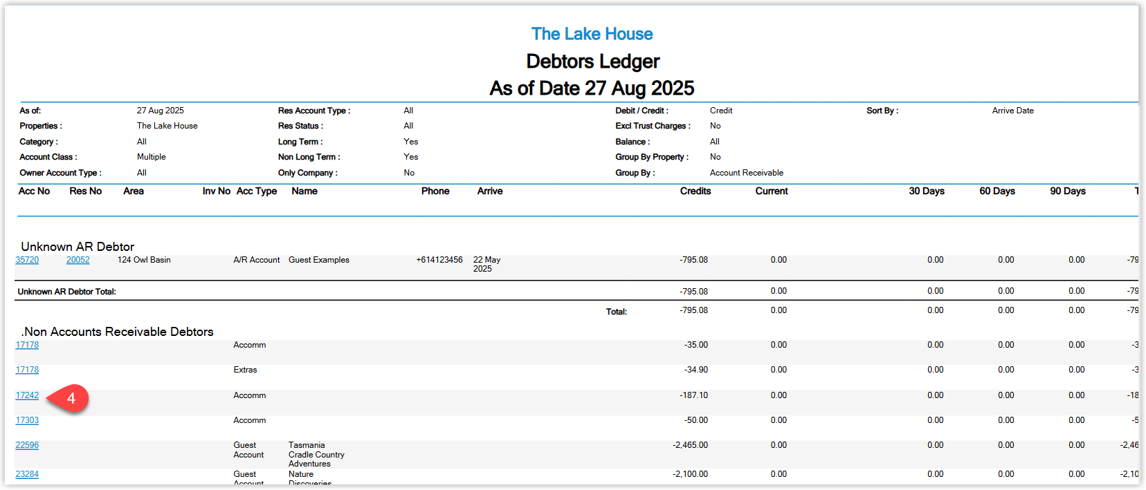 Reservation or account screen opened from the Debtors Ledger displaying a credit balance in the transaction list.