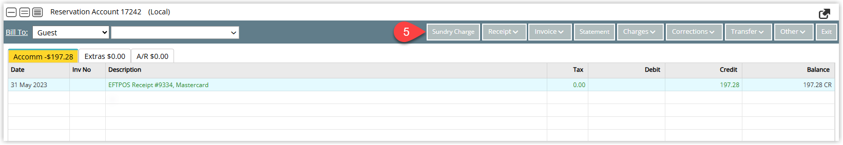 Account transaction entry window with Sundry Charge selected ready to add a new charge that will consume the outstanding credit.