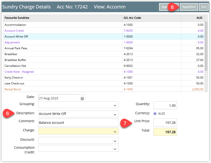Sundry Charge entry screen showing the chosen sundry item with a positive unit price entered and an optional comment field, and the Apply Exit button highlighted to post the transaction.