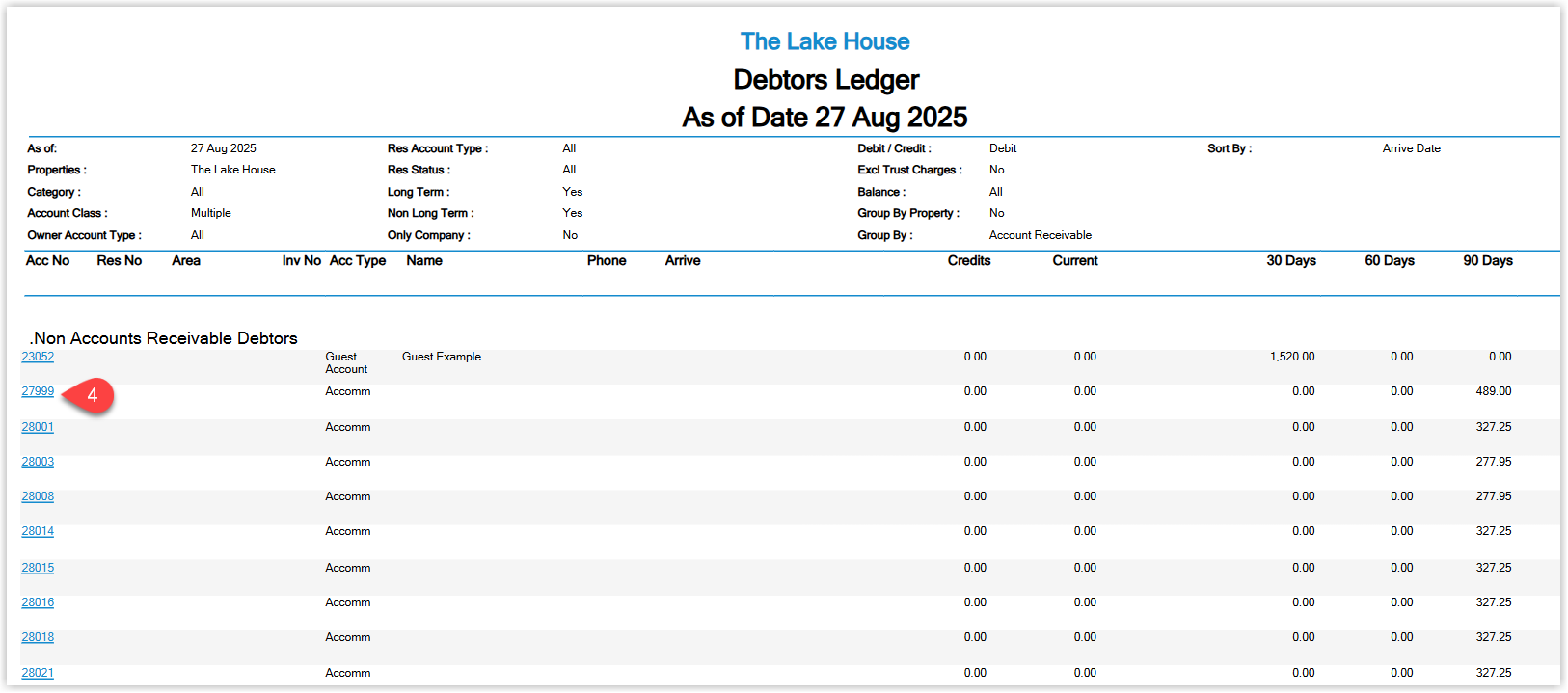Reservation or account screen opened from the Debtors Ledger showing account transactions and current outstanding debit balance.
