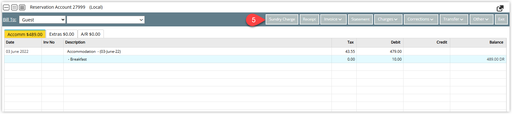 Account transaction entry window with Sundry Charge option selected to add a new credit note line to the account.