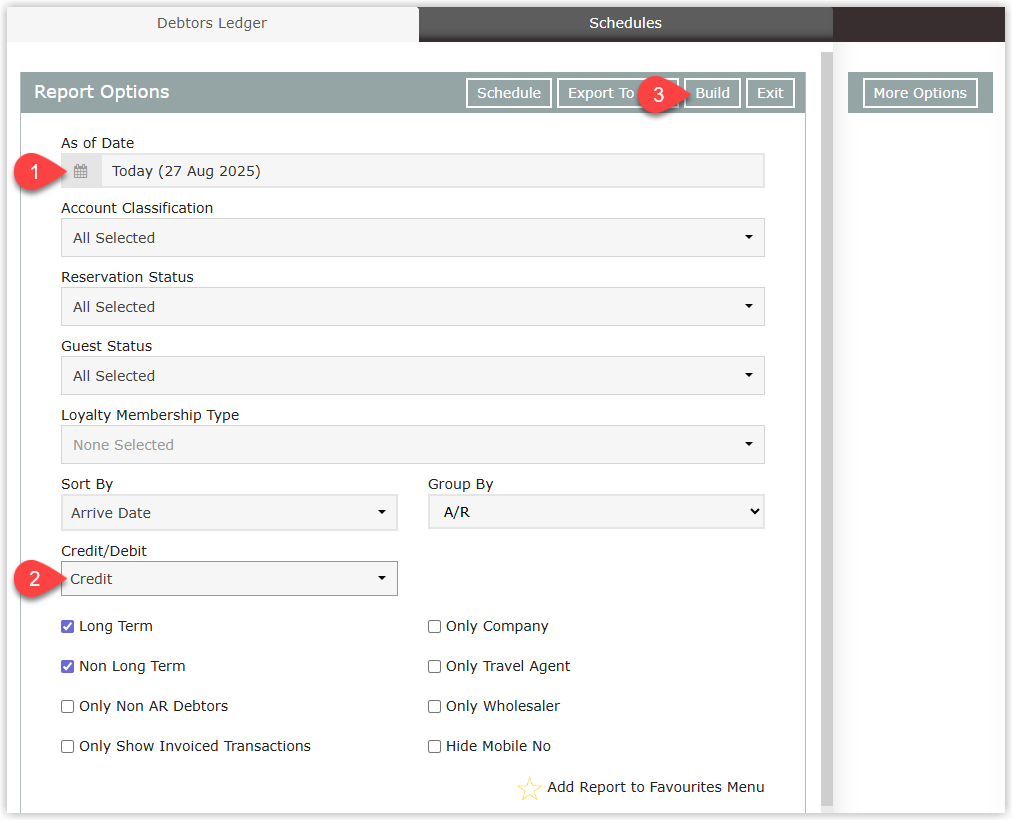 Debtors Ledger report built with Credit Debit filter set to Credit listing accounts with outstanding credit balances and clickable account numbers.