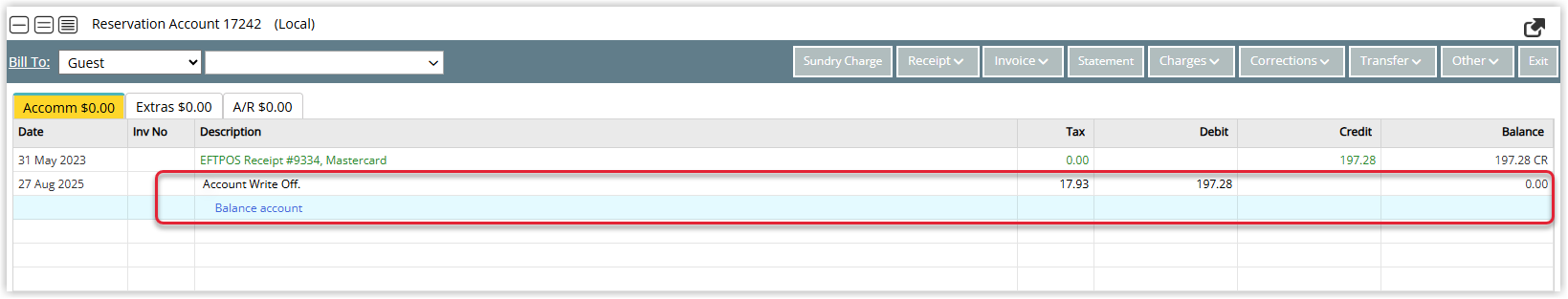 Debtors Ledger report refreshed showing that the previously credited account now has a zero balance and is cleared from the list for the selected As of Date.