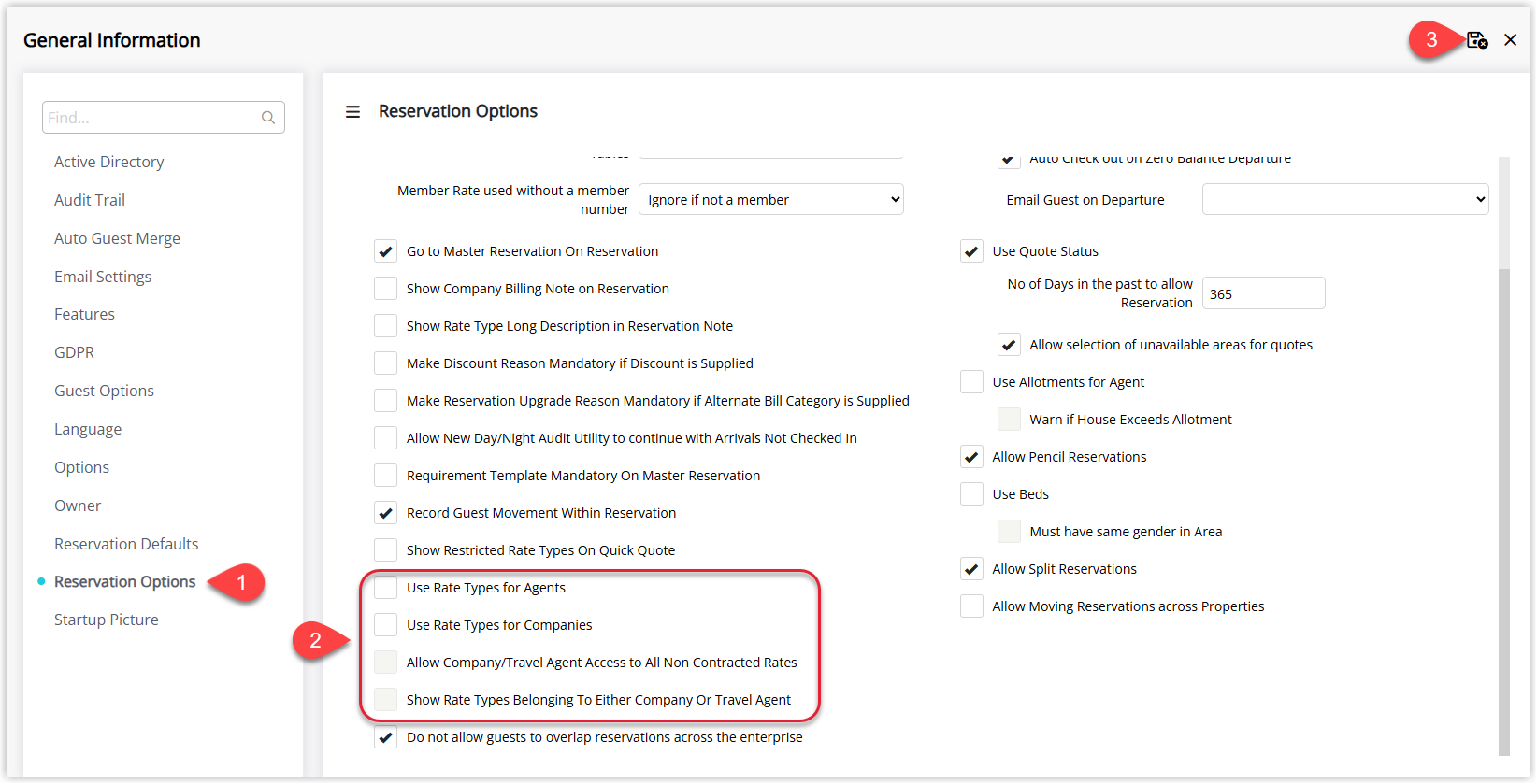 General Information screen in RMS on the Reservation Options tab showing checkboxes for Use Rate Types for Agents, Use Rate Types for Companies, Allow Company/Travel Agent Access to All Non‑Contracted Rates, and Show Rate Types Belonging To Either Company Or Travel Agent, with the Save/Exit button highlighted.