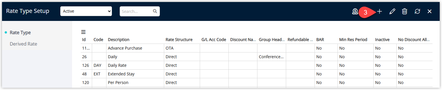 Rate Types list in RMS showing existing rate types and the Add button used to create a new Rate Type.