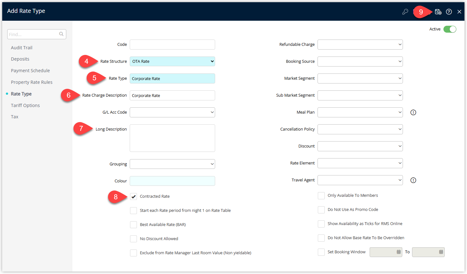 Rate Type setup screen in RMS showing fields for Rate Structure, Rate Type Description, Charge Description, optional General Ledger Account Code and Long Description, with the Contracted Rate checkbox selected and Save/Exit highlighted to create the contracted rate type.
