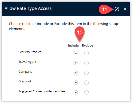 Rate Type Access window in RMS showing access options for Security Profiles, Companies and Travel Agents, with the appropriate entities selected for the contracted rate type and the Apply button to confirm access.