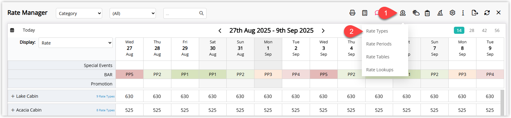 Rate Manager screen in RMS with the Rates icon open and Rate Types selected to view and configure rate types.