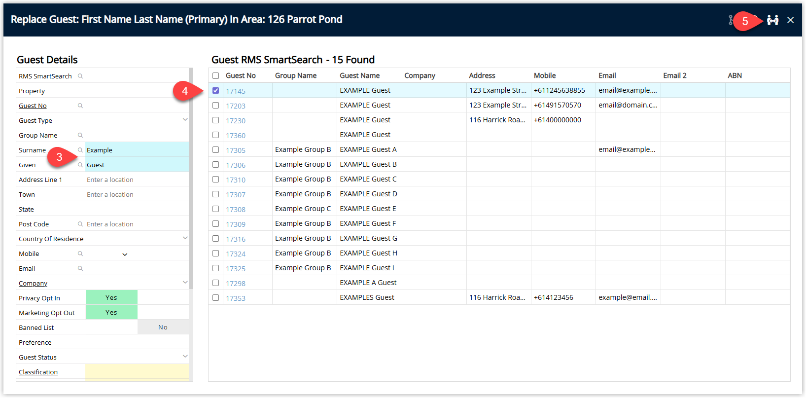 Screenshot of the Replace Guest window in RMS showing a search field and list of matching Guest Profiles with one guest selected and a Replace/Exit button highlighted to confirm replacing the current guest on the reservation.