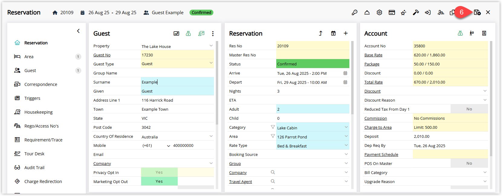 Screenshot of the reservation screen in RMS after selecting a new guest, with the Save/Exit button highlighted to apply the Replace Guest change to the reservation.