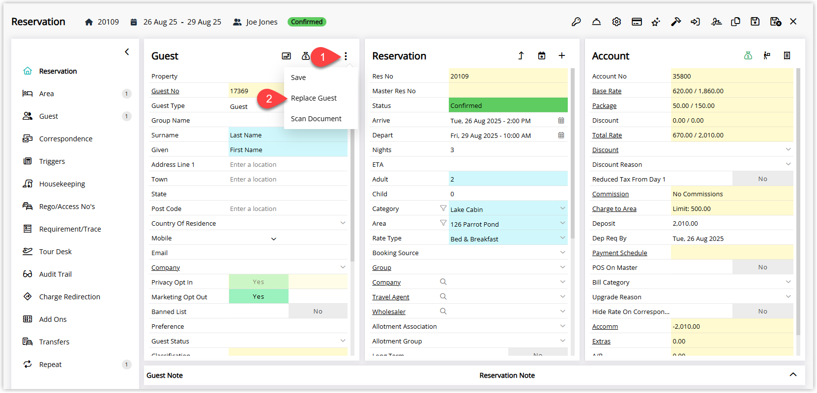 Screenshot of the Guest Options menu on a reservation in RMS with the “Replace Guest” option highlighted to change the guest profile linked to the booking.