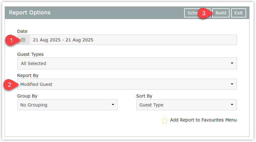 Guest Audit Trail report criteria screen in RMS showing fields for Date Range, optional Guest Types, Report By dropdown, optional Grouping and Sort By options, with a Build button to generate the report and a star icon to mark the report as a favourite