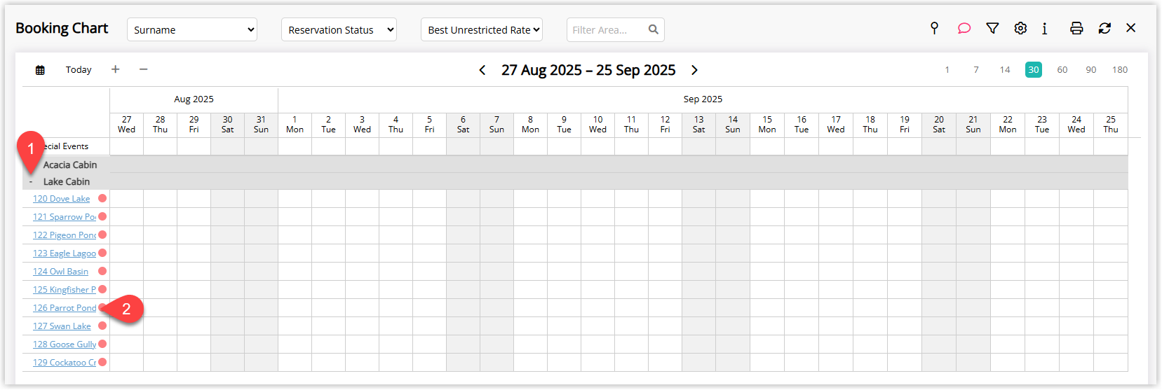 RMS Booking Chart screen with a Category expanded and an individual Owned Area highlighted for selection.