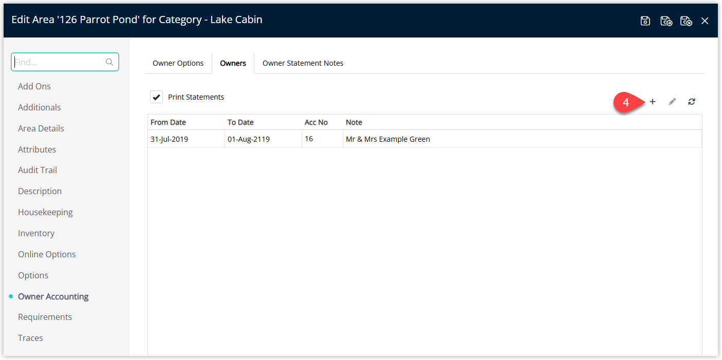 Area setup or Owner Contract window displaying existing owner contracts for the Area with the Add button highlighted to create a new contract.