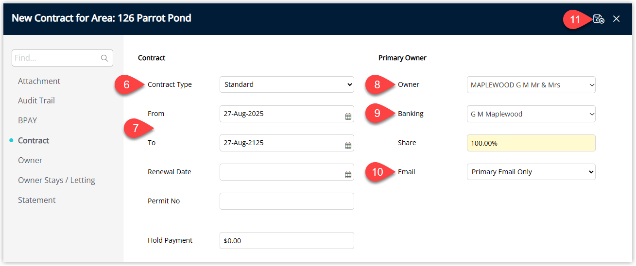 Owner Contract details screen showing Contract Type, From Date Settlement Date, Primary Owner, Banking Details, and Owner Statement Email options filled in with Save Exit and Add buttons available to save and add additional owners.