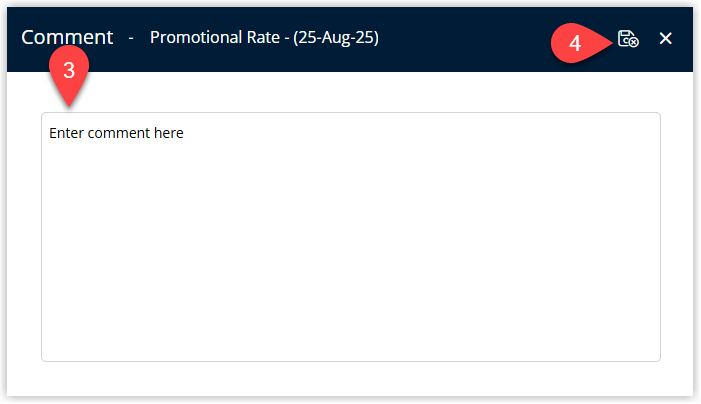 Annotated screenshot of the Comment window in RMS highlighting the comment text field and the save icon