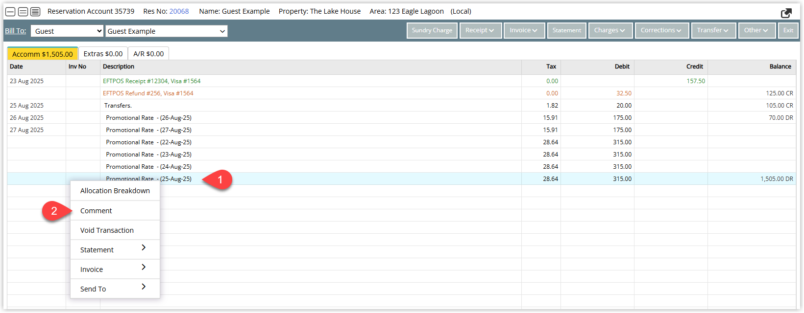 Annotated screenshot of the reservation account in RMS highlighting a selected transaction and the right-click context menu with Allocation Breakdown, Comment, Void Transaction, Statement, Invoice and Send To options