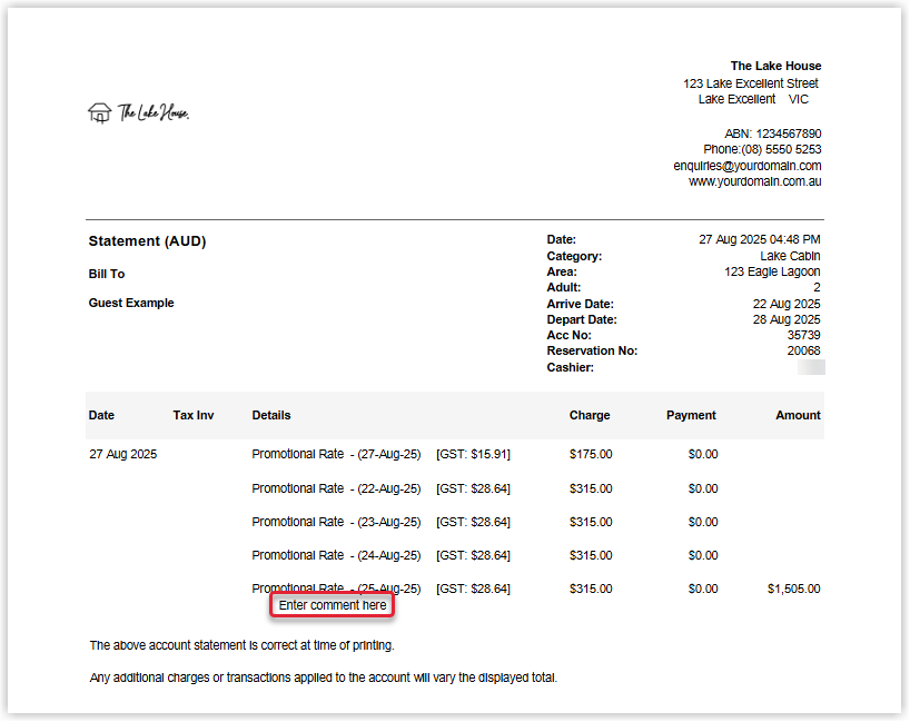 Screenshot of the printed statement in RMS showing the comment displayed beneath the transaction line