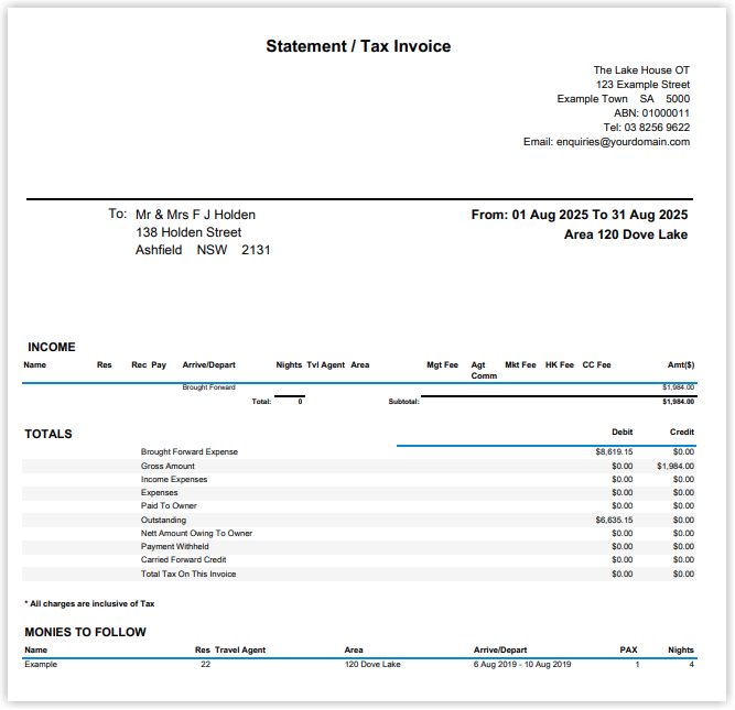 Screenshot of an example Owner Statement in RMS formatted as a Statement / Tax Invoice, showing the owner’s details, owned area information, period covered, a line‑by‑line breakdown of income and expenses, totals for Owner Income and Manager Commissions and a summary section at the bottom of the statement.