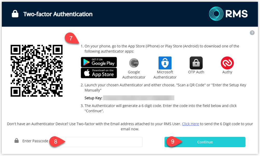 Two-Factor Authentication setup screen showing a field to enter the time-based verification code from the authenticator app and a Continue button to complete 2FA activation