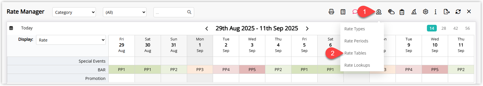 Annotated screenshot of the Rate Manager in RMS showing the Rates dropdown menu with Rate Tables highlighted