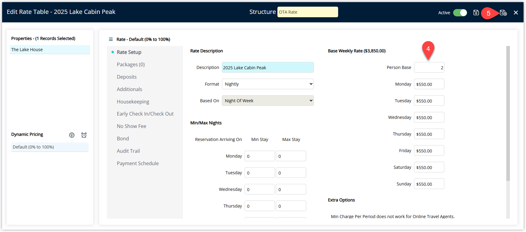 Annotated screenshot of the Edit Rate Table screen in RMS showing the Rate Setup for the 2025 Lake Cabin Peak table with the Base Weekly Rate and per-day rate amounts and the save button highlighted
